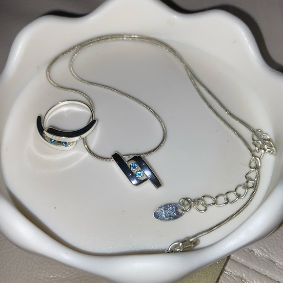 Necklace and adjustable ring set blue stone - Picture 1 of 3